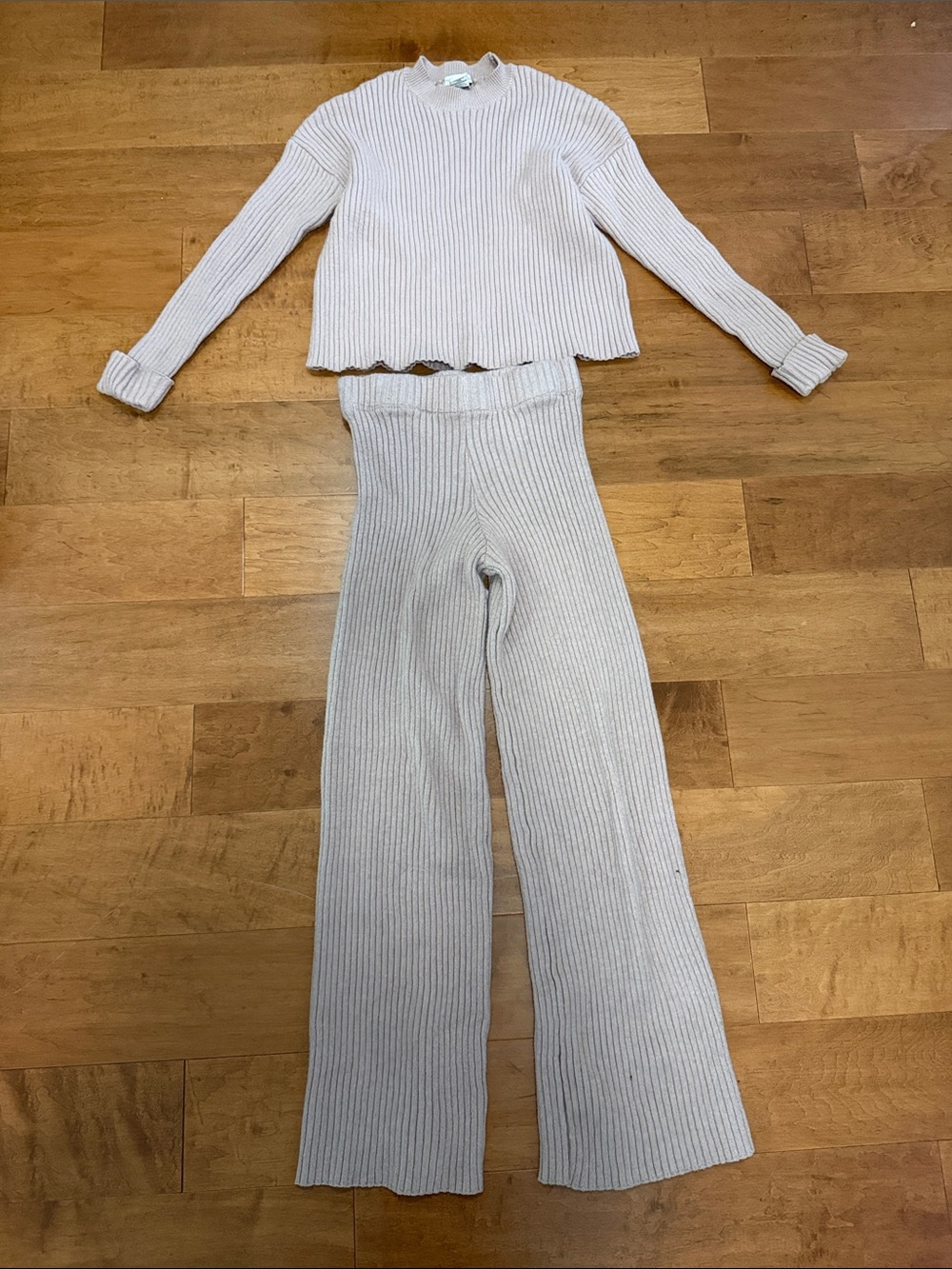 Sincerely Jules Ribbed Wide-Leg Knit Pants Set - Light Beige